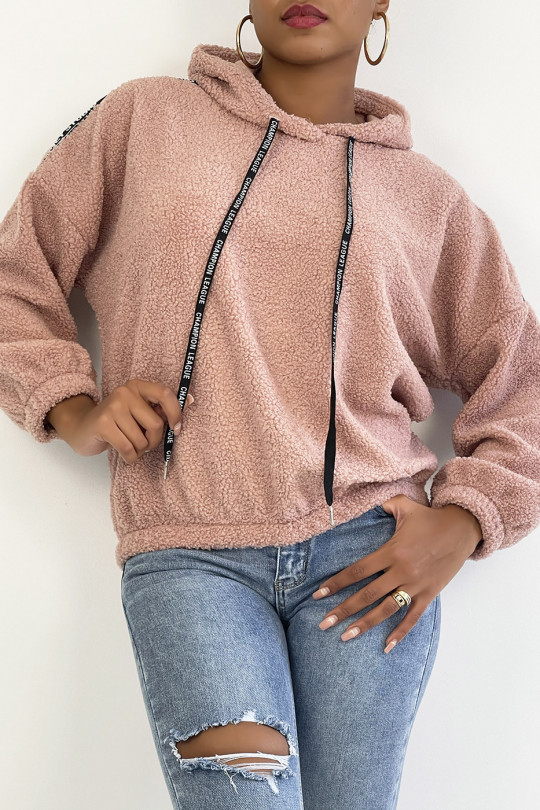 Roze fleece hoodie met schouderbanden - 1