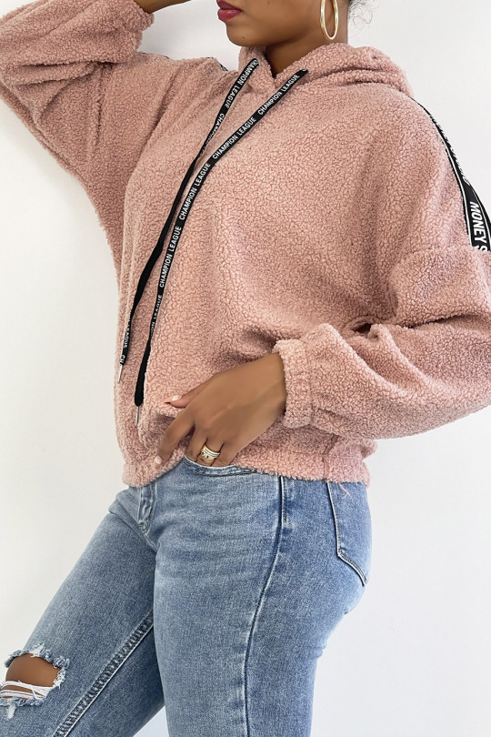 Roze fleece hoodie met schouderbanden - 2