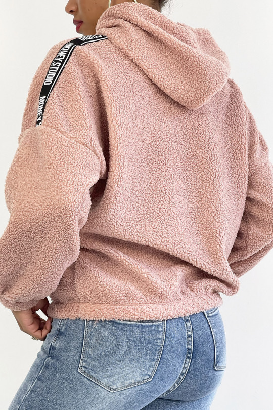 Roze fleece hoodie met schouderbanden - 3