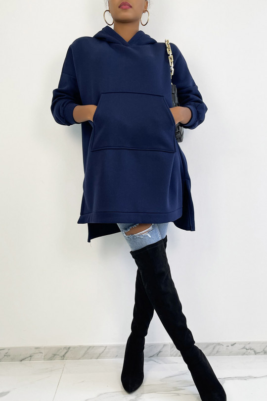 Long sweat à capuche marine très épais et molletonné à l'intérieur - 2