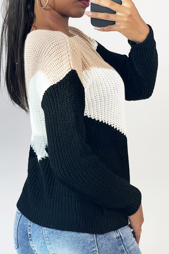 Pull tombant avec bande tri color et rose au buste - 2