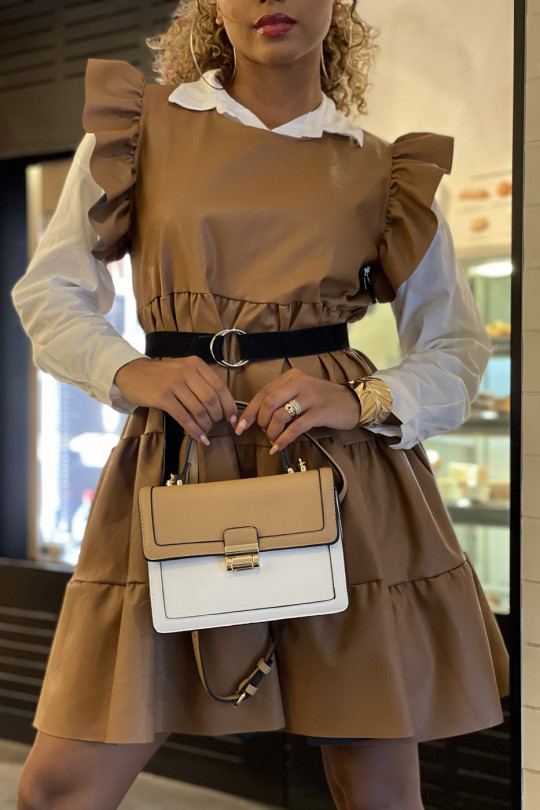 Camel faux leather dress with trendy ruffles - 5