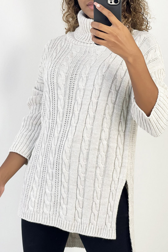 Pull femme beige long over size avec fente sur les côtés. - 2