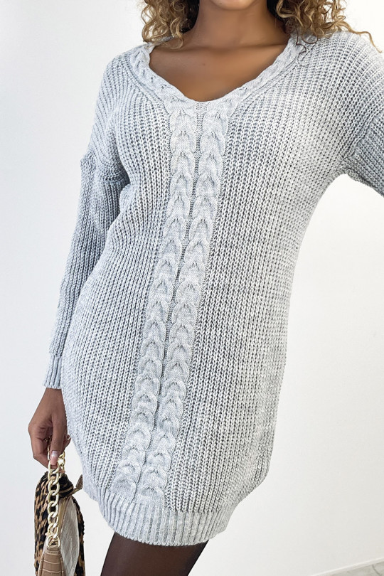 Robe pull droite mi-longue gris avec détail à tresse avec col V - 3