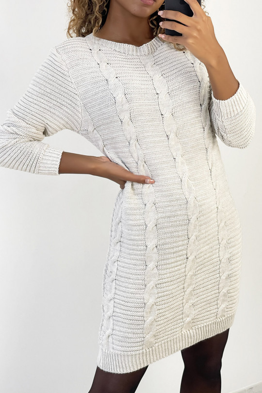 Robe pull droite mi-longue grise avec motif à tresse et col rond - 1 Robe pull droite mi-longue grise avec motif à tresse et col rond - 1
