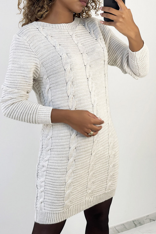 Robe pull droite mi-longue grise avec motif à tresse et col rond - 3 Robe pull droite mi-longue grise avec motif à tresse et col rond - 3
