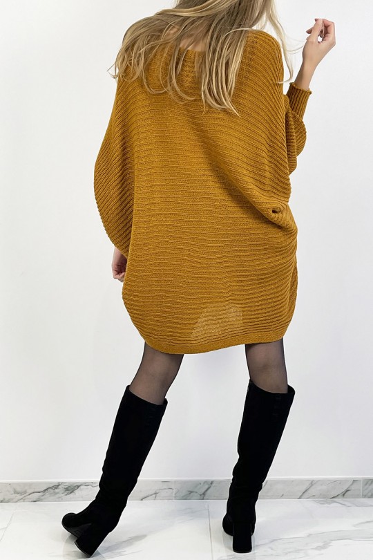 Mustard yellow loose round neck mid-length sweater dress - 1