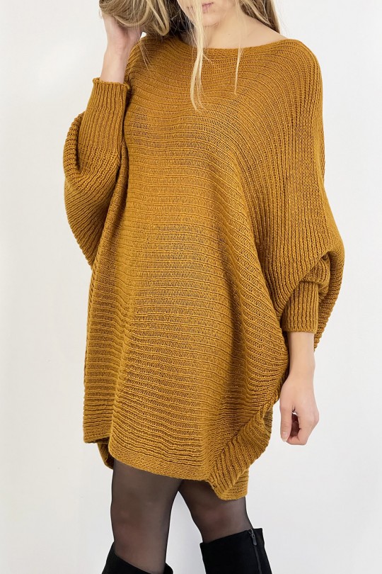 Mustard yellow loose round neck mid-length sweater dress - 2