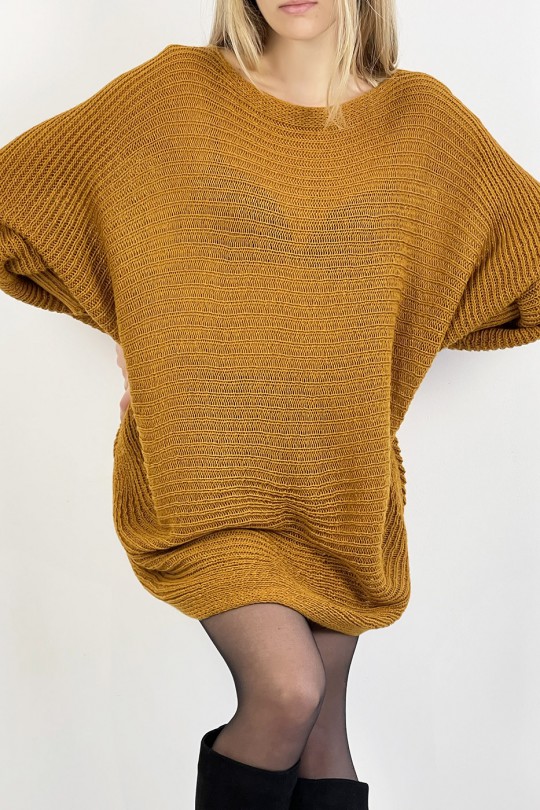 Mustard yellow loose round neck mid-length sweater dress - 3