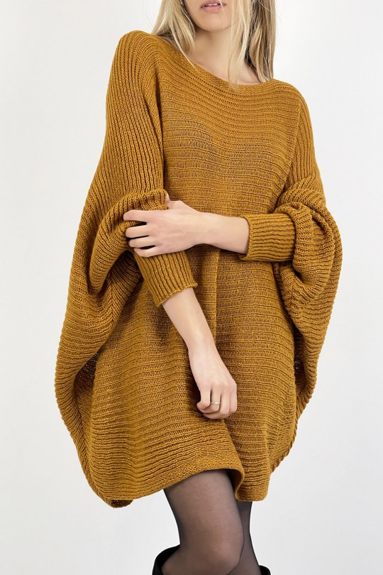 Mustard yellow loose round neck mid-length sweater dress - 4