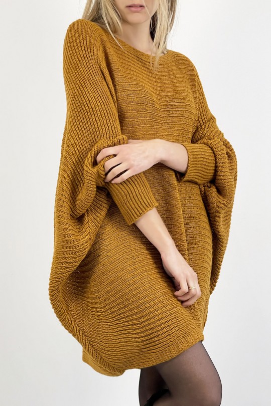 Mustard yellow loose round neck mid-length sweater dress - 5