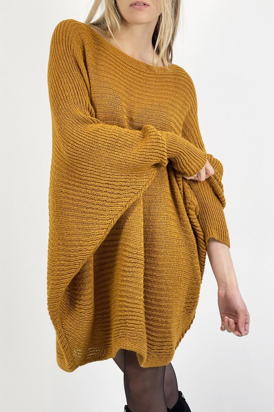 Mustard yellow loose round neck mid-length sweater dress - 6