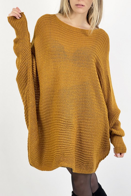 Mustard yellow loose round neck mid-length sweater dress - 7