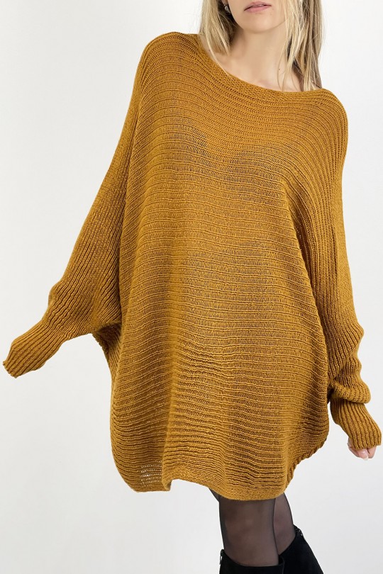 Mustard yellow loose round neck mid-length sweater dress - 8