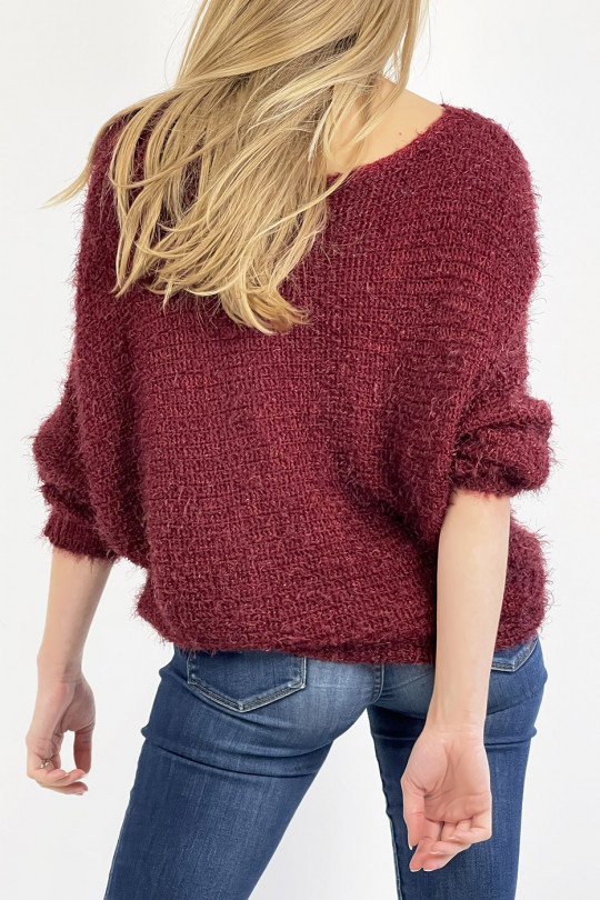 Burgundy sweater round neck very soft mesh effect, combines style and simplicity - 1