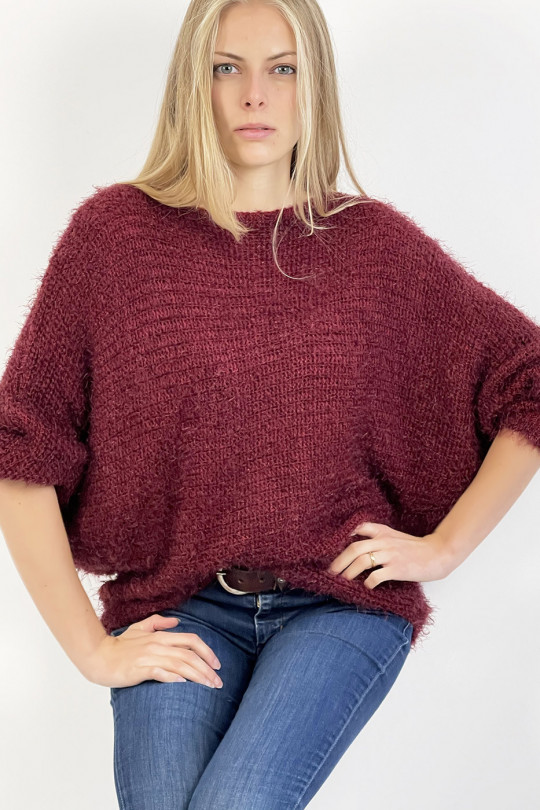 Burgundy sweater round neck very soft mesh effect, combines style and simplicity - 4
