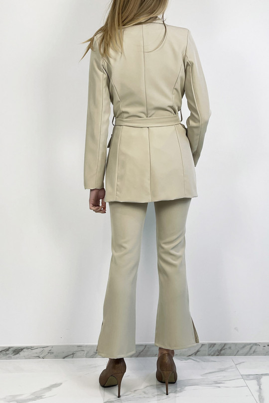 Chic and trendy beige suit set with straight cut bell bottom pants and belt at the waist - 1