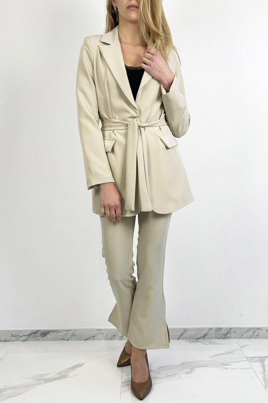 Chic and trendy beige suit set with straight cut bell bottom pants and belt at the waist - 6