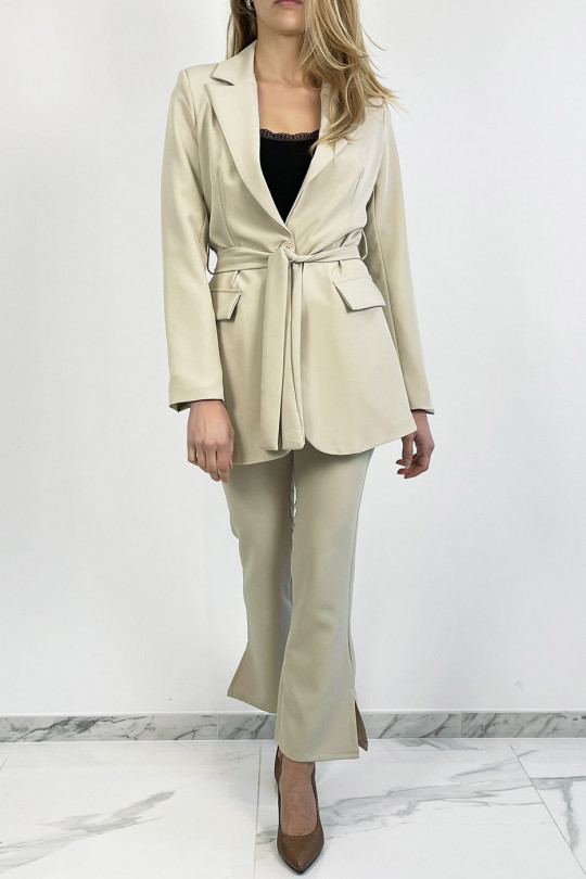 Chic and trendy beige suit set with straight cut bell bottom pants and belt at the waist - 7