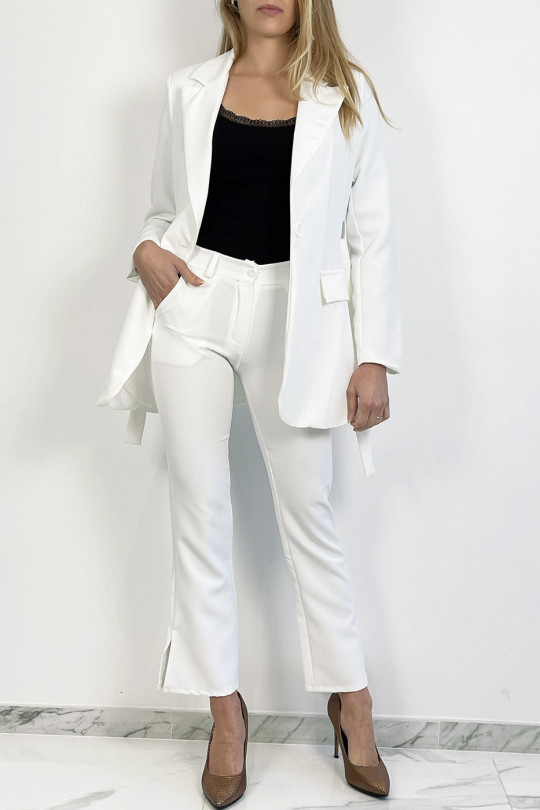 Chic and trendy white suit set with a straight cut, elephant leg pants and belt at the waist - 6