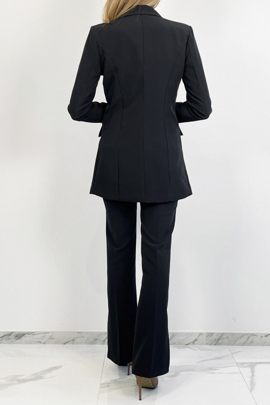Very chic black blazer set with tie belt and slit pants - 4