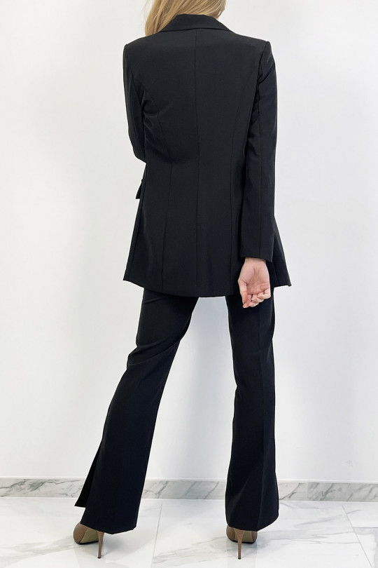 Very chic black blazer set with tie belt and slit pants - 5