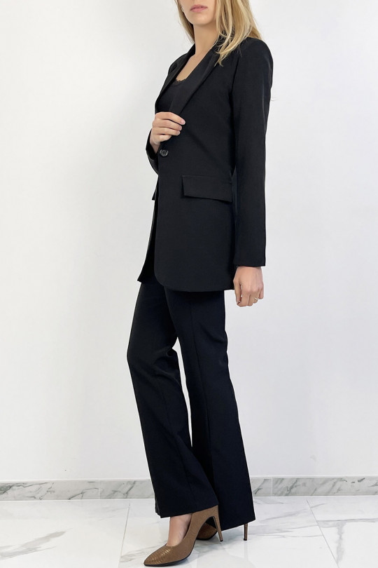 Very chic black blazer set with tie belt and slit pants - 6