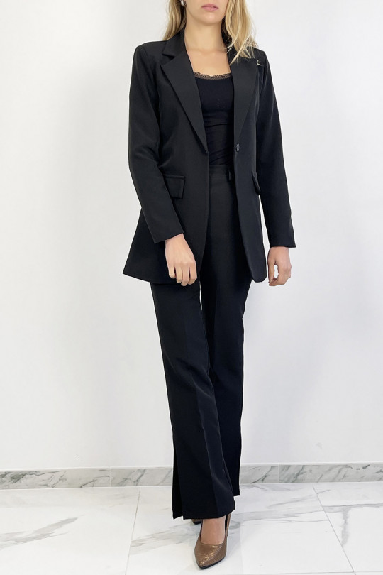 Very chic black blazer set with tie belt and slit pants - 7