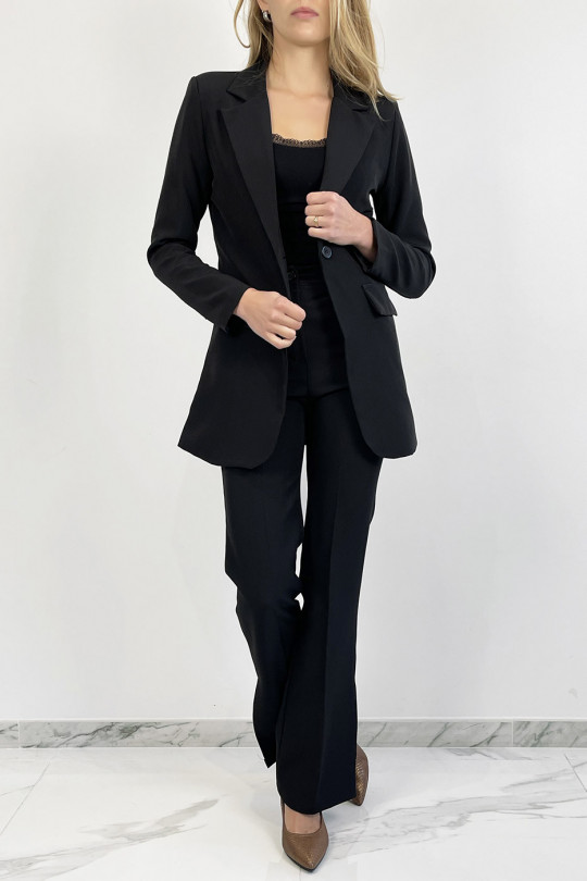 Very chic black blazer set with tie belt and slit pants - 10