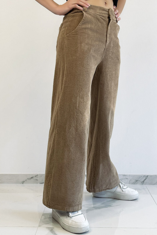 Pantalon palazzo camel en velours avec poches. Pantalon femme fashion - 5