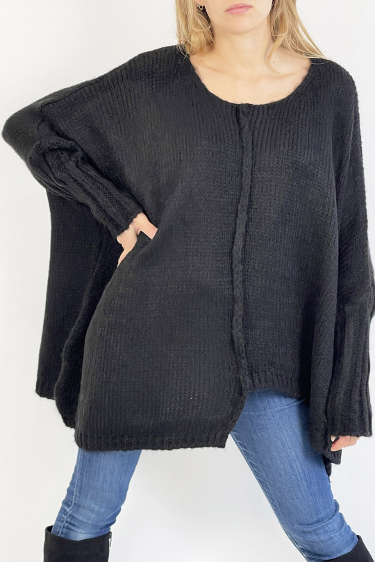 Lange losse zwarte trui met mesh-effect en vlechtdetail in het midden - 2