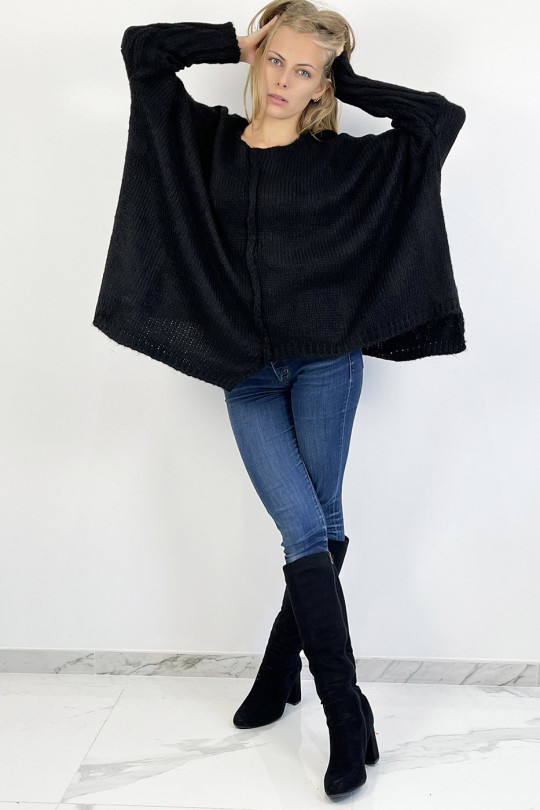 Lange losse zwarte trui met mesh-effect en vlechtdetail in het midden - 6