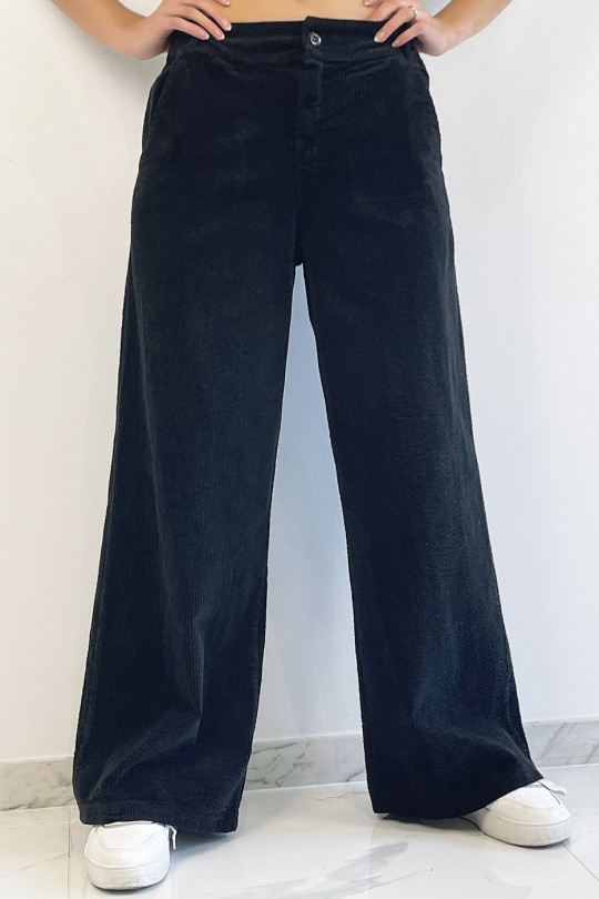 Zwart fluwelen palazzo broek met zakken. Mode vrouw broek - 4