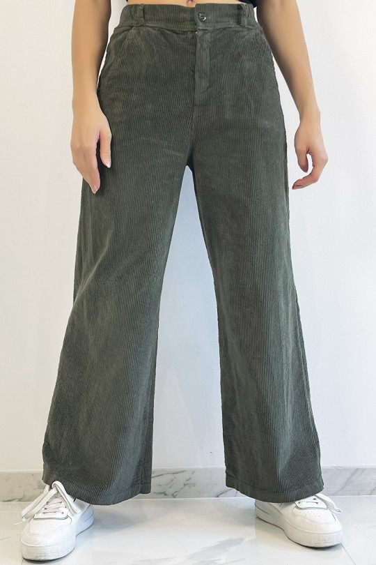 Khaki velvet palazzo pants with pockets. Fashion woman pants - 4