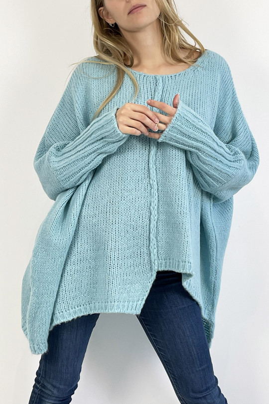 Long loose turquoise blue knit-effect sweater with braid detail in the center - 3