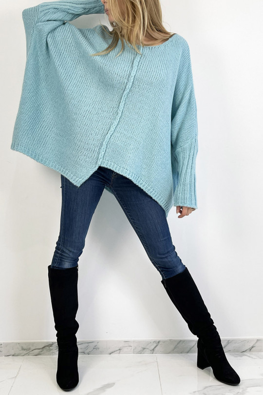 Long loose turquoise blue knit-effect sweater with braid detail in the center - 4