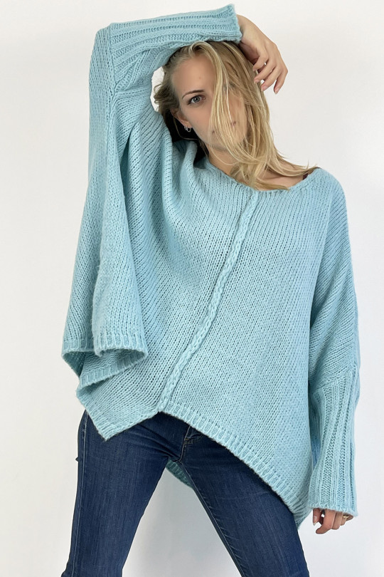 Long loose turquoise blue knit-effect sweater with braid detail in the center - 5