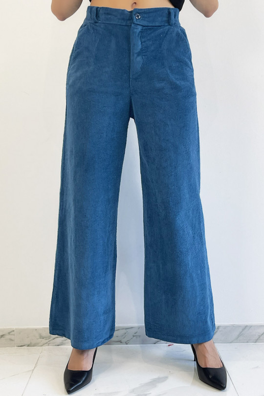 Pantalon palazzo bleu  en velours avec poches. Pantalon femme fashion - 1