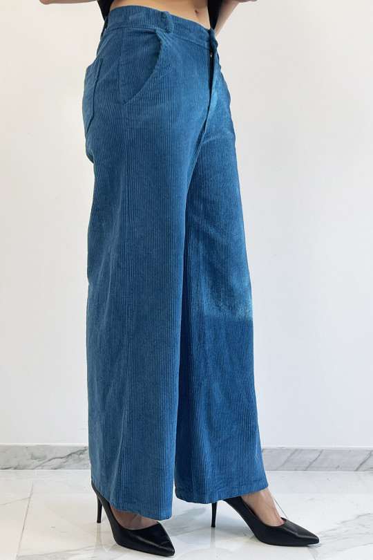 Pantalon palazzo bleu  en velours avec poches. Pantalon femme fashion - 2