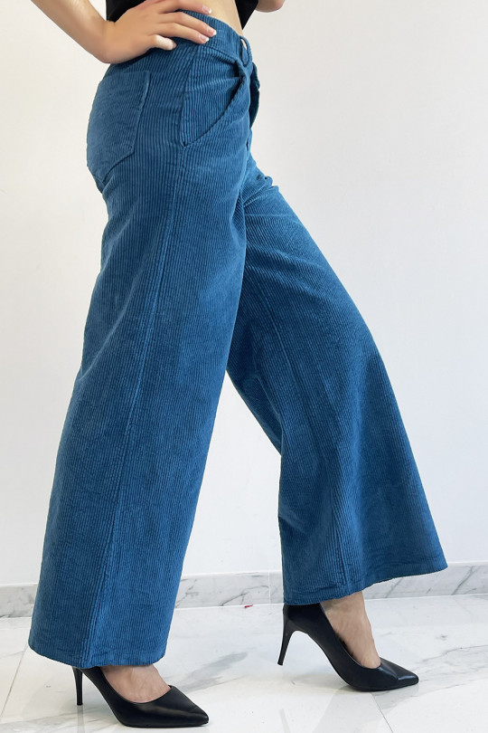 Blue velvet palazzo pants with pockets. Fashion women's pants - 4