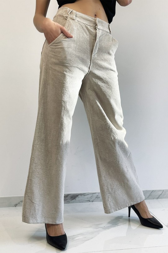 Pantalon palazzo beige  en velours avec poches. Pantalon femme fashion - 1