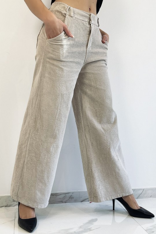 Pantalon palazzo beige  en velours avec poches. Pantalon femme fashion - 3