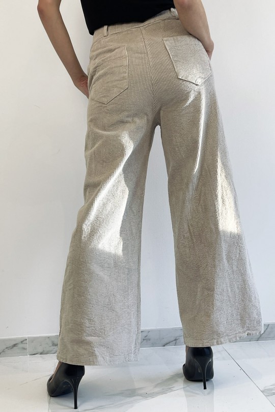 Beige velvet palazzo pants with pockets. Fashion woman pants - 4