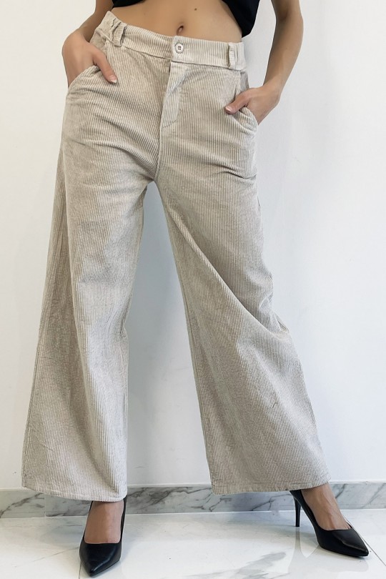 Pantalon palazzo beige  en velours avec poches. Pantalon femme fashion - 6