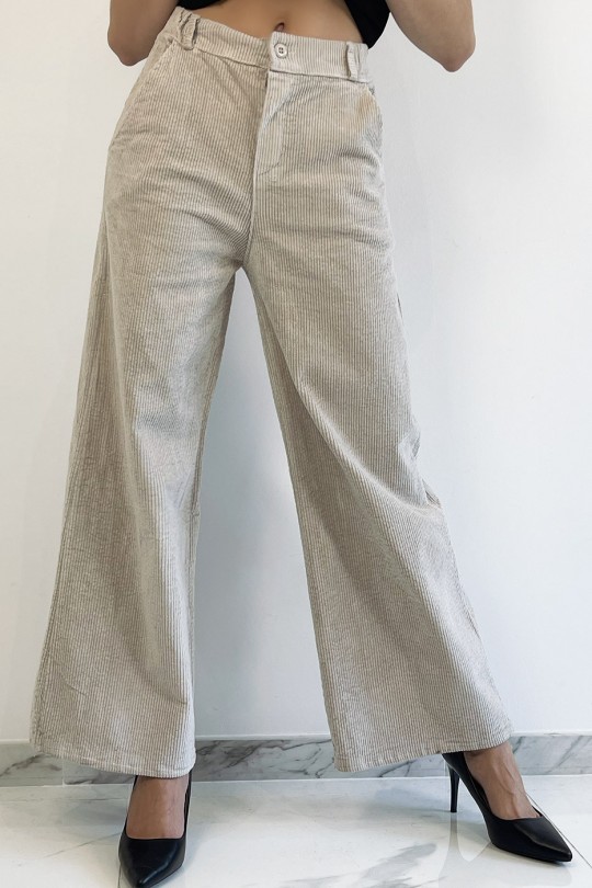 Pantalon palazzo beige  en velours avec poches. Pantalon femme fashion - 7