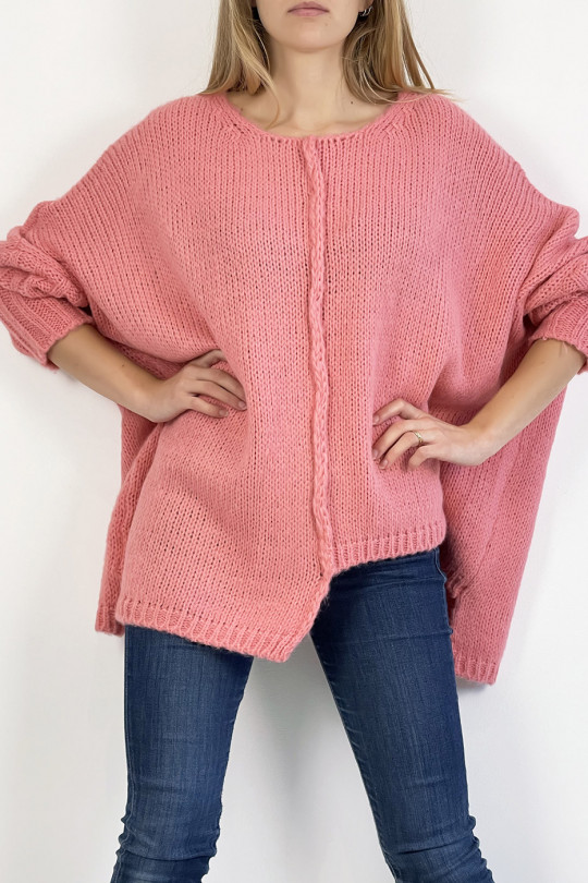 Long loose pink knit effect sweater with braid detail in the center - 1