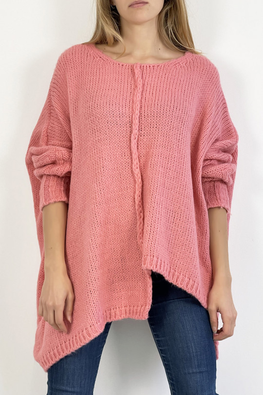 Long loose pink knit effect sweater with braid detail in the center - 2