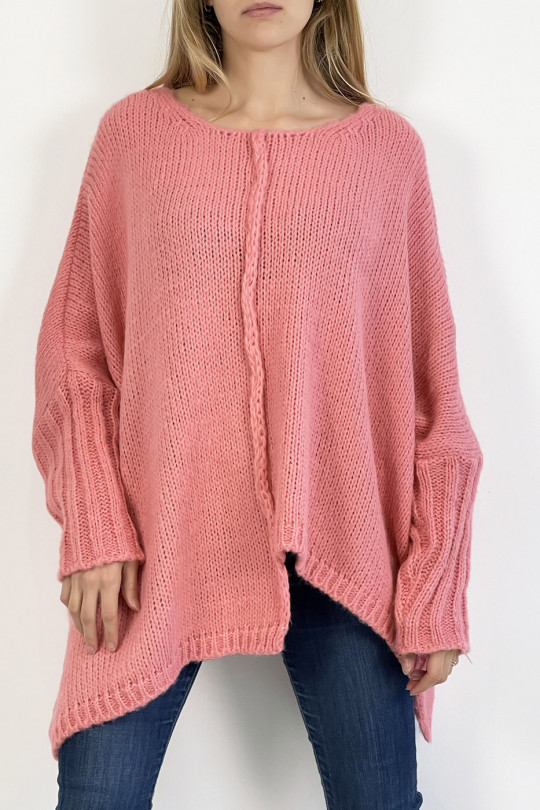 Long loose pink knit effect sweater with braid detail in the center - 3