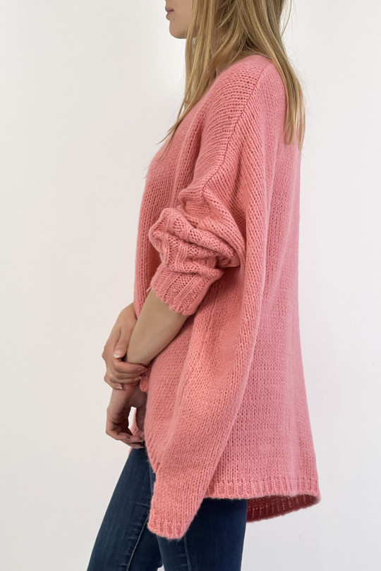 Long loose pink knit effect sweater with braid detail in the center - 6