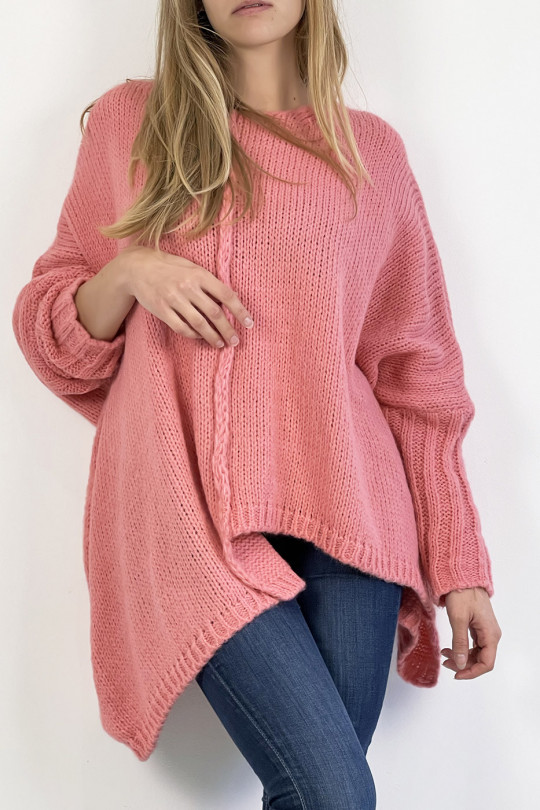 Long loose pink knit effect sweater with braid detail in the center - 7